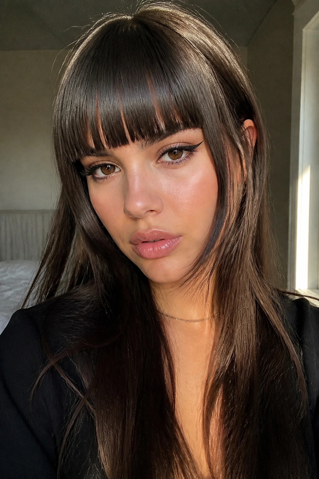Close-up portrait of a real woman with high-contrast blunt bangs and face-framing tendrils
