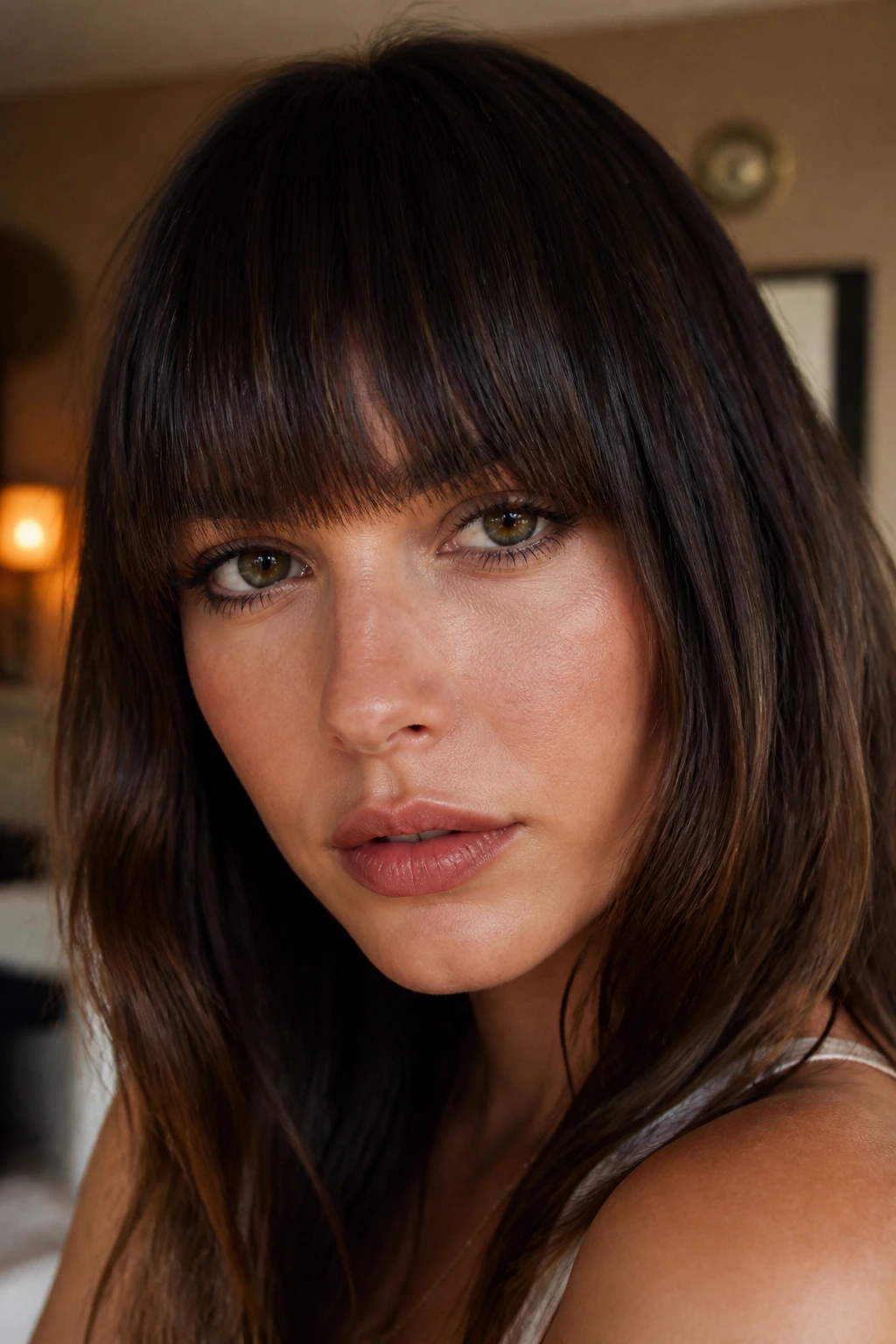 Portrait of a person with blunt brow-grazing bangs and textured bottom