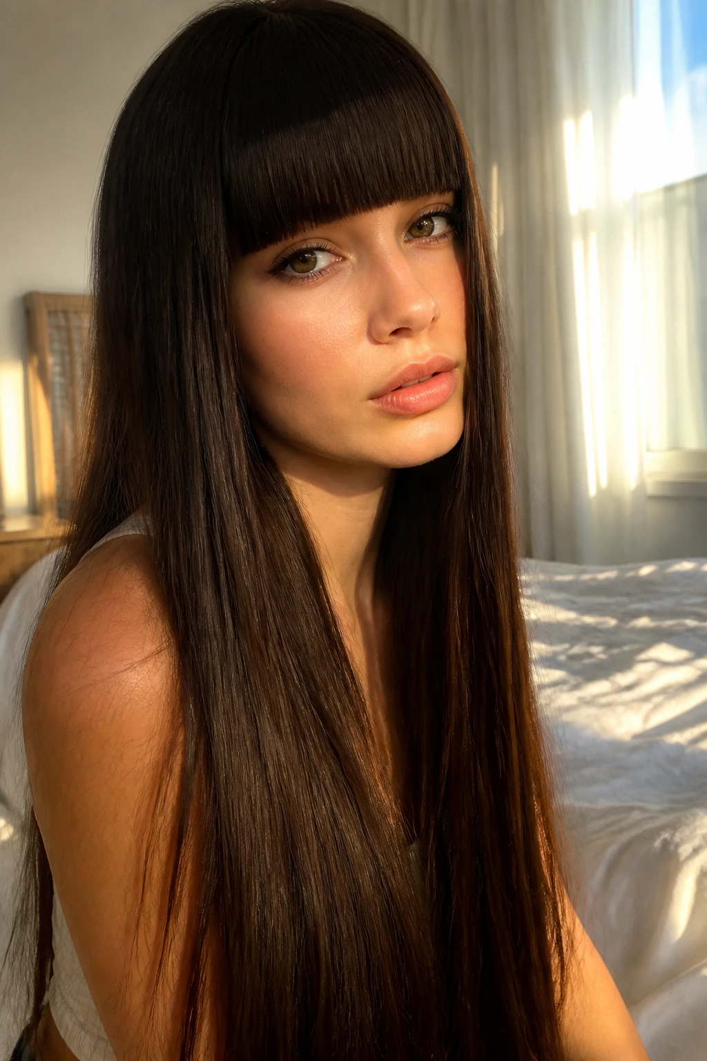 Portrait of a woman with blunt bangs and waist-length straight hair in warm light.