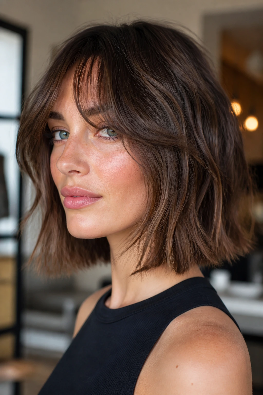 Close-up portrait of a real person with blunt-base shaggy bob