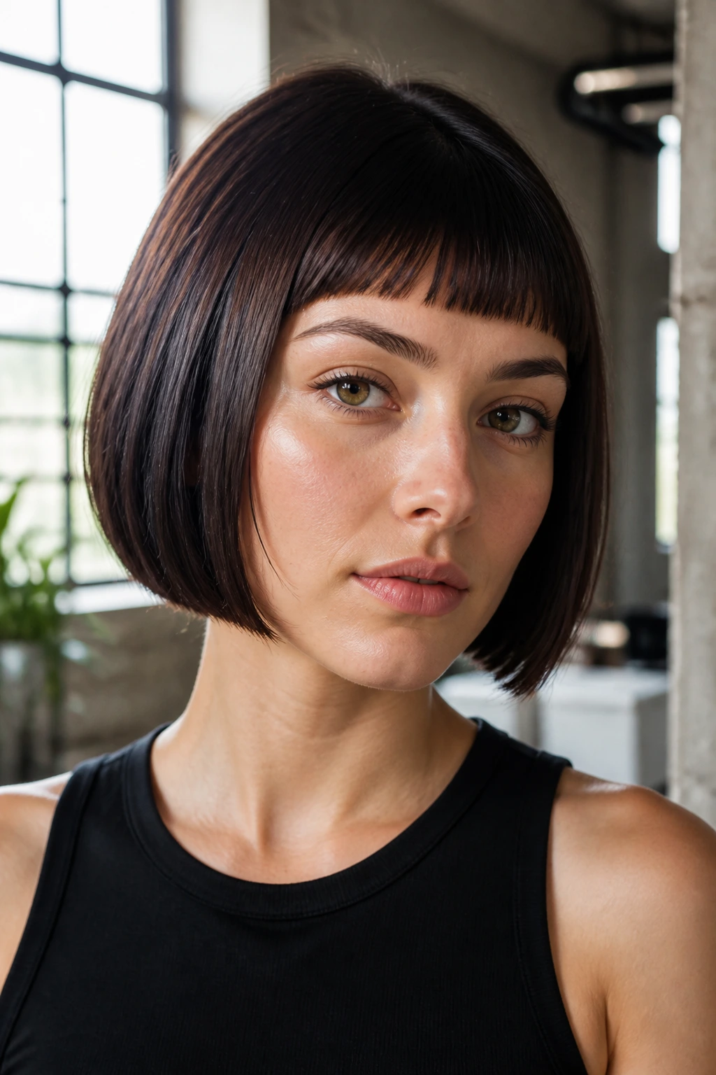 Close-up of a real woman with blunt chin-length bob and baby bangs in an urban loft.