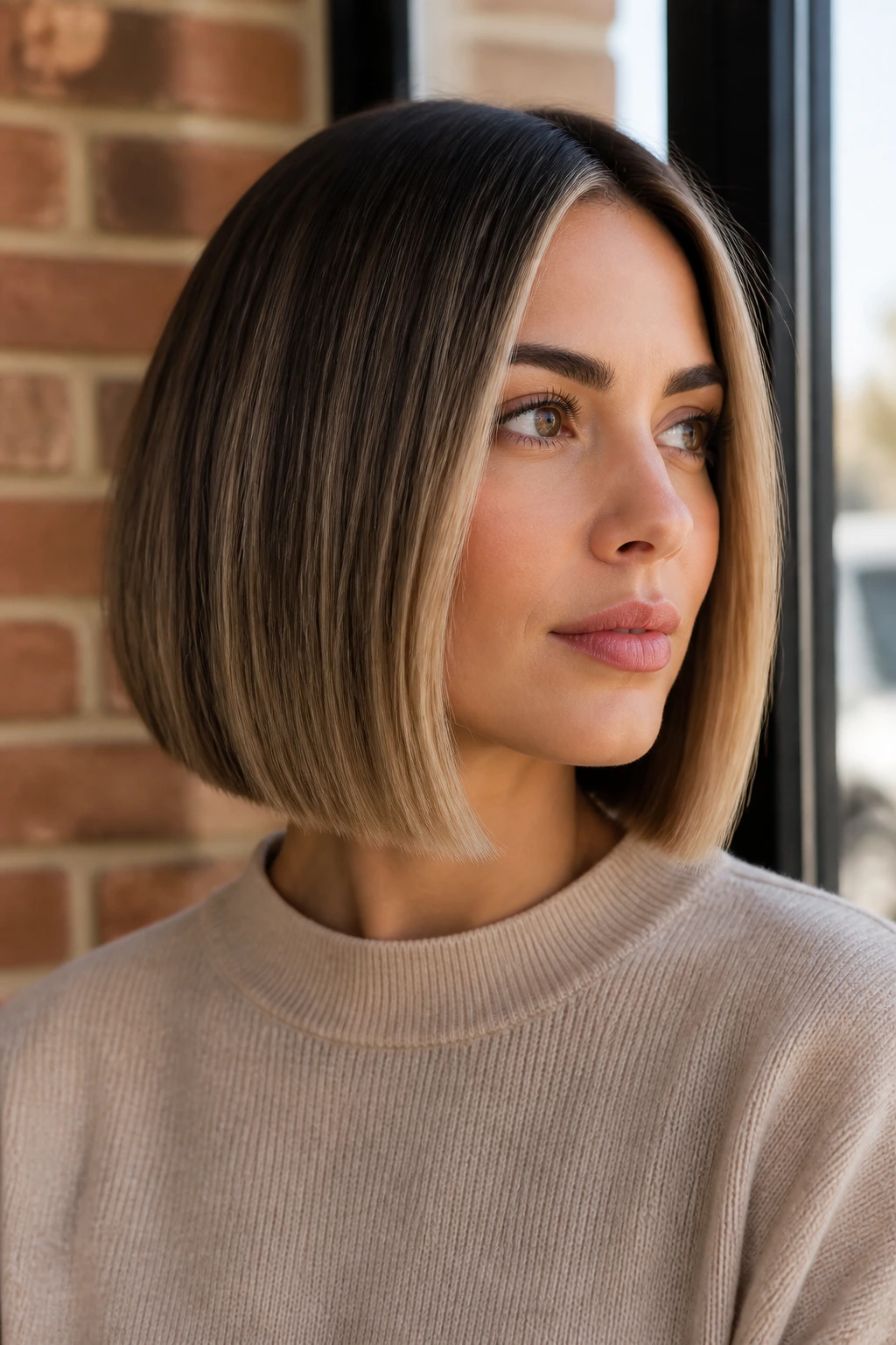 Portrait of a woman with a blunt bob and balayage highlights at a cafe window
