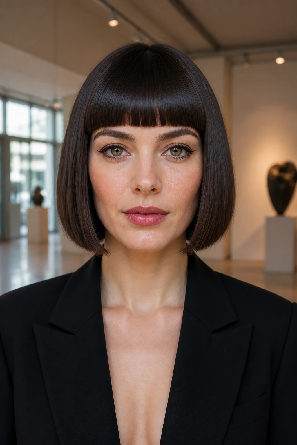 Close-up of a real woman with blunt A-line bob and straight bangs in a gallery lobby setting