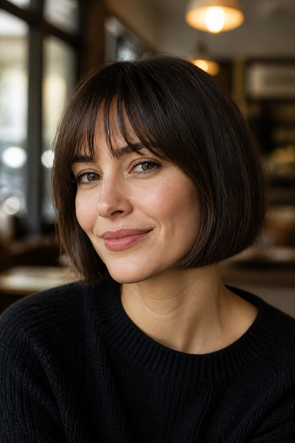 Close-up of a woman with a blunt chin-length bob and bangs