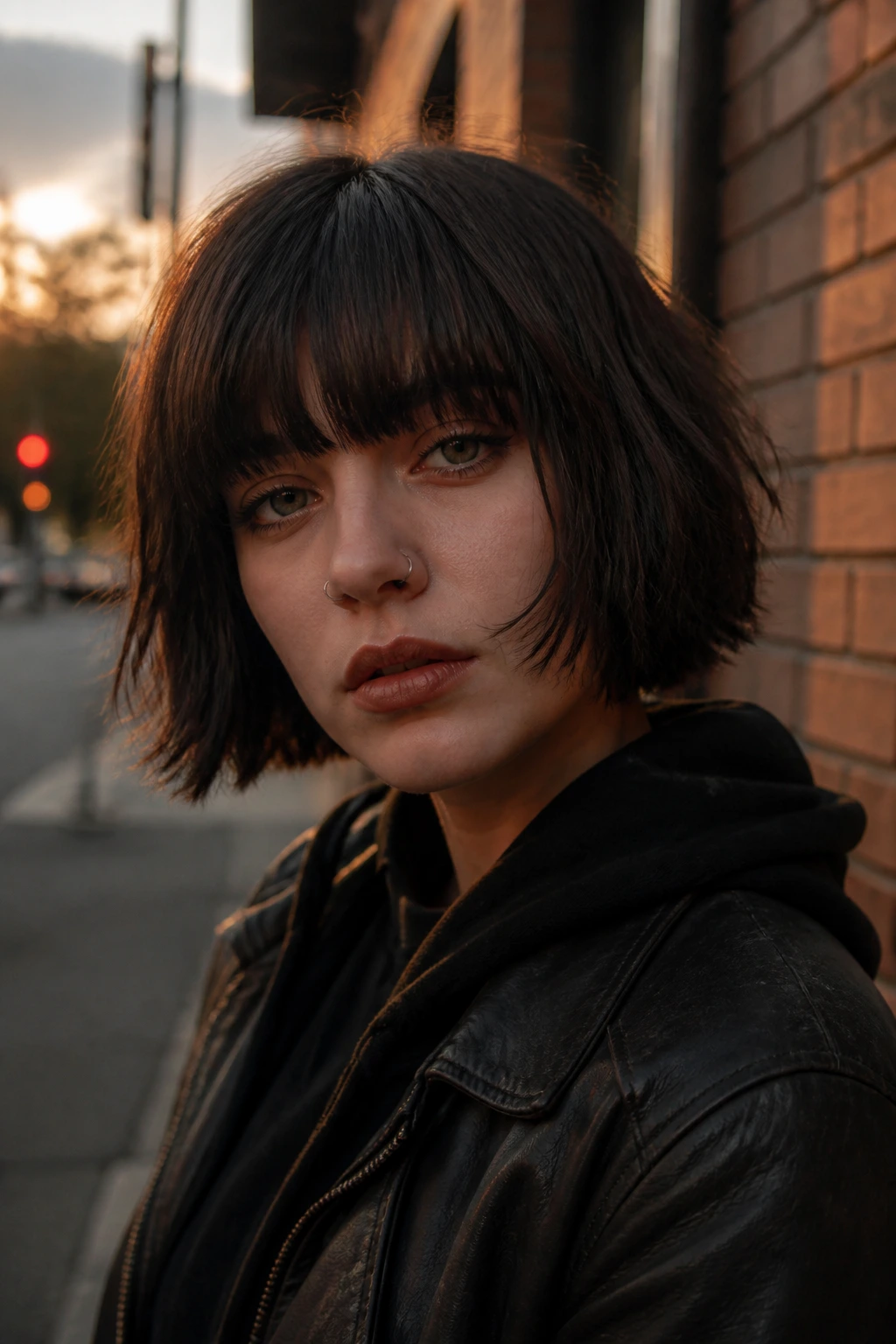 Close-up of a real person with a choppy blunt bob and heavy bangs