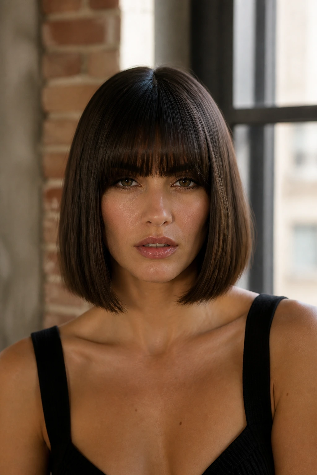 Portrait of a woman with blunt bob and bangs in an urban loft