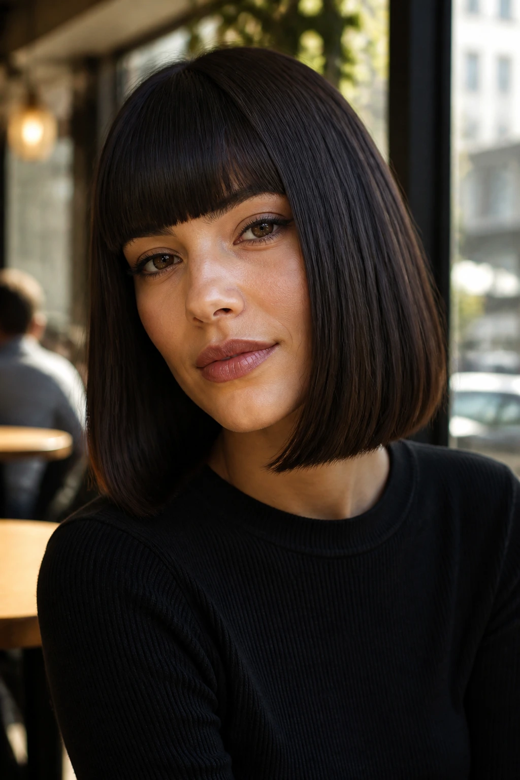 Portrait of a real woman with blunt mid-length bob and blunt bangs in a bright cafe setting.