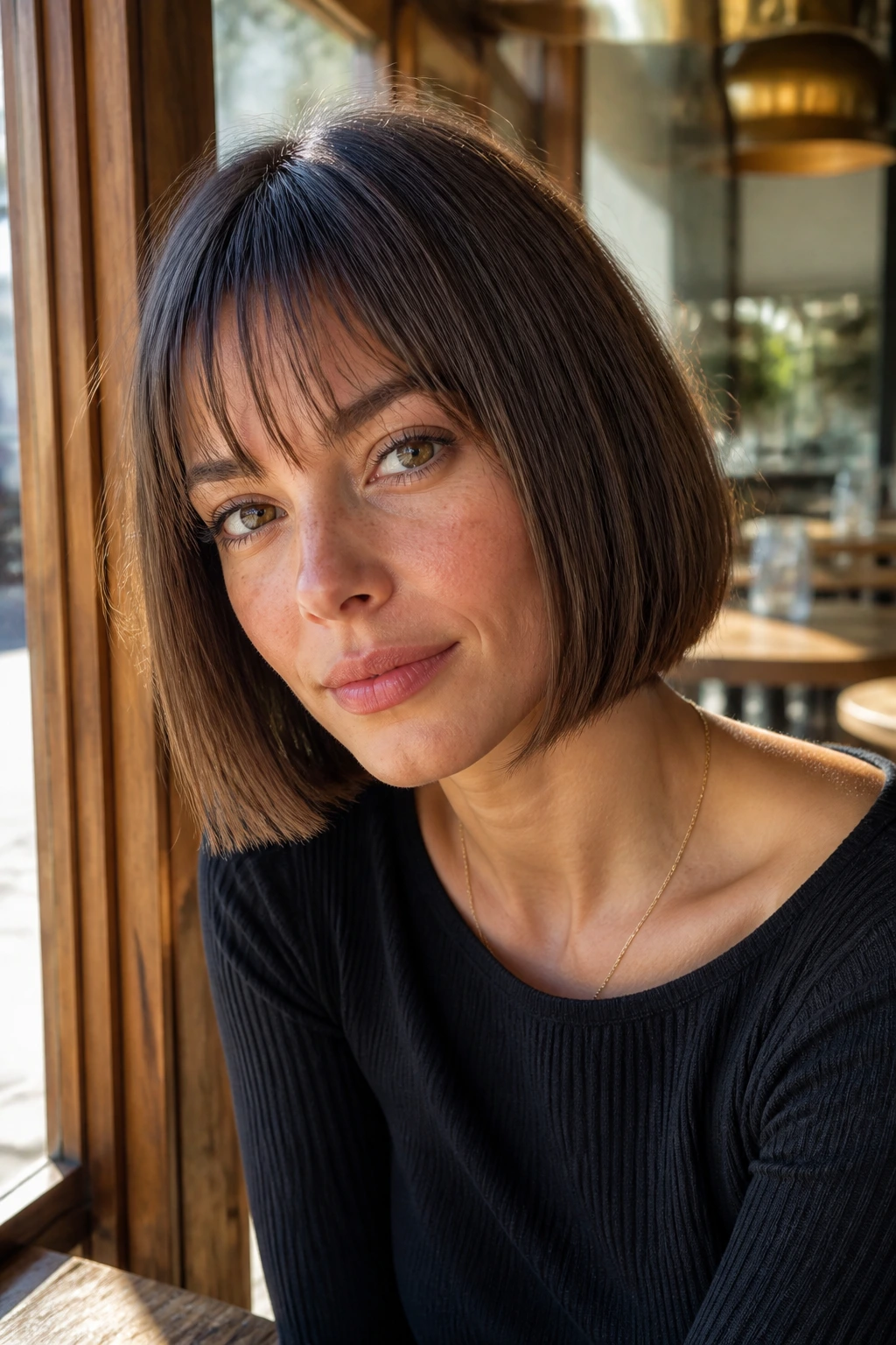 Real woman with chin-length blunt bob and wispy bangs at a cafe window.