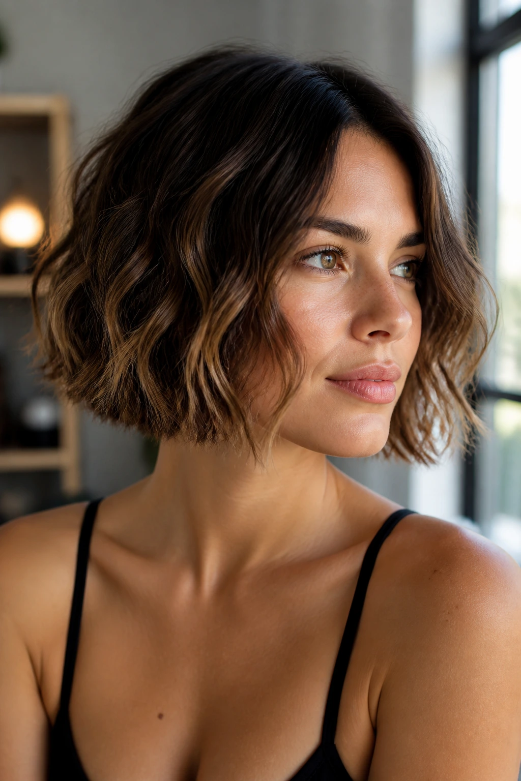 Close-up of a woman with a blunt bob and loose beach waves in natural light
