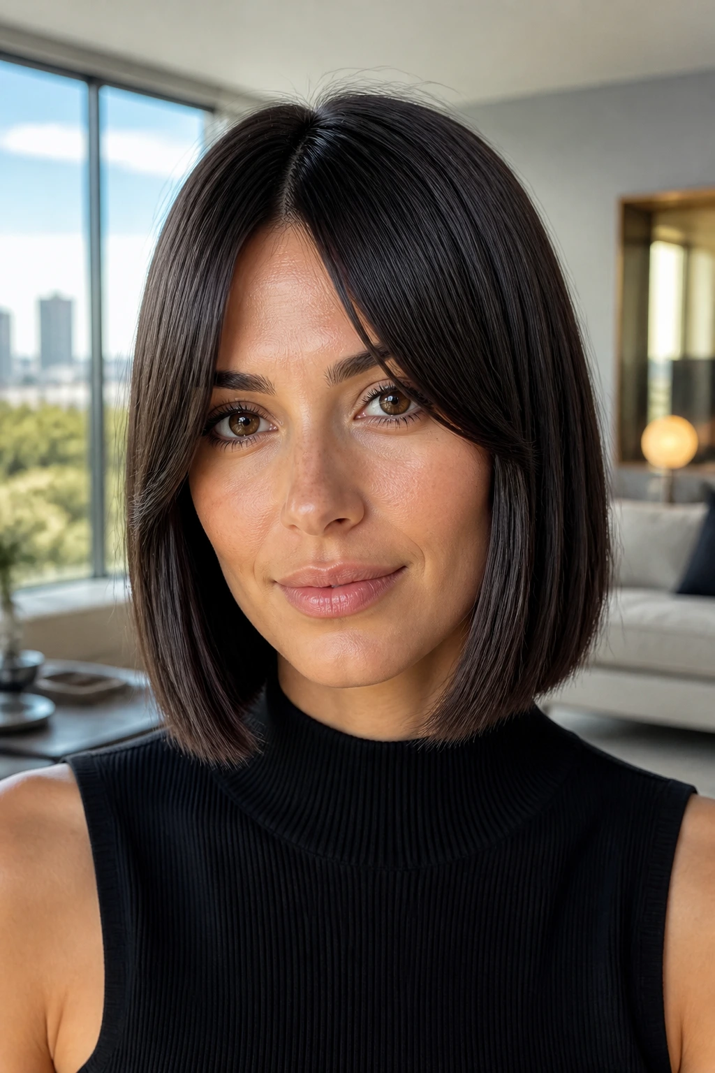 Close-up portrait of a woman with blunt bob and long blended bangs in daylight