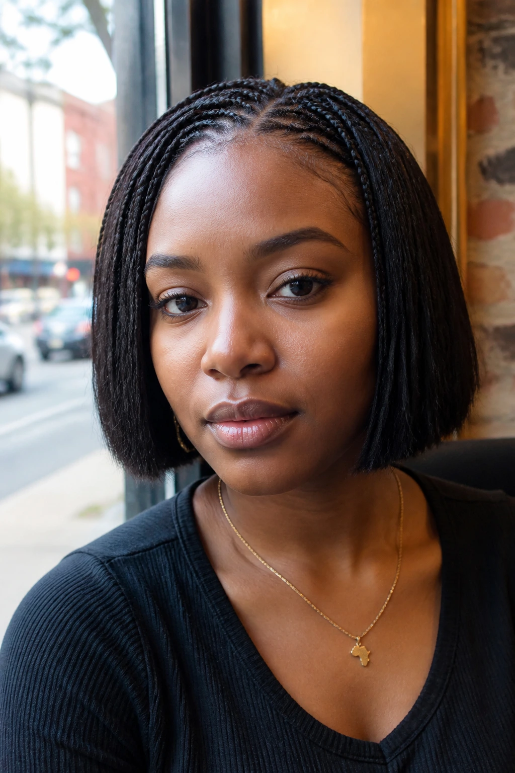 Real person wearing blunt bob with braided accents at the front