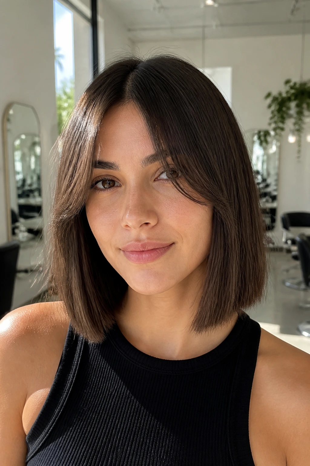 Close-up of woman with blunt bob and center-parted bangs in a sunlit salon