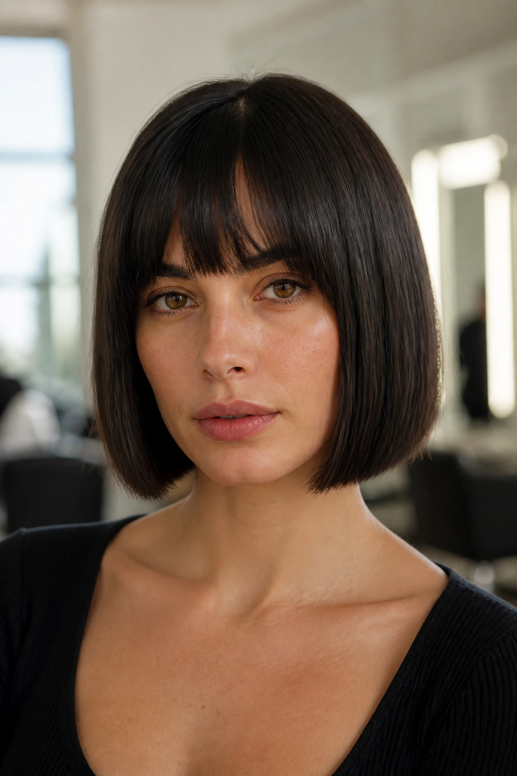 Close-up portrait of a real woman with a jaw-length blunt bob, center part and eyebrow-grazing bangs