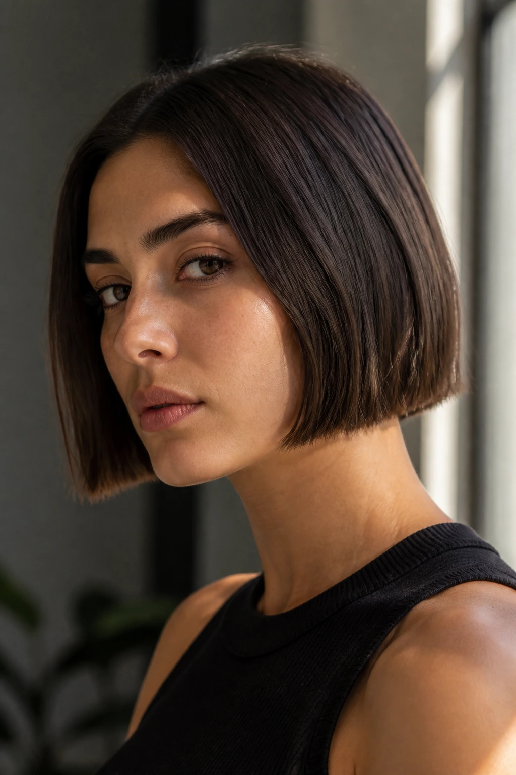Close-up of a woman with a blunt mini-bob ending at the cheekbones in warm daylight