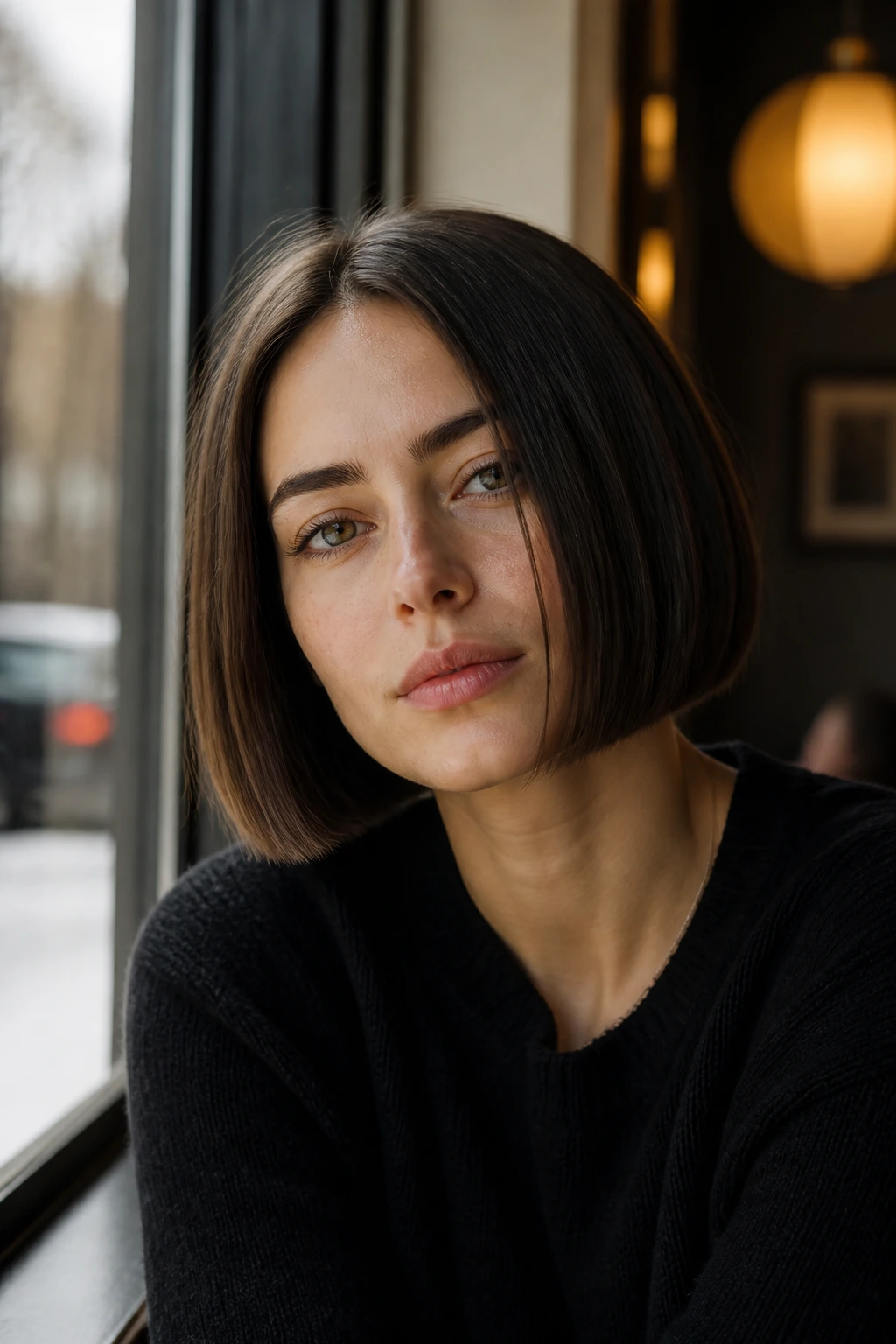 Close-up portrait of a real woman with blunt chin-length bob