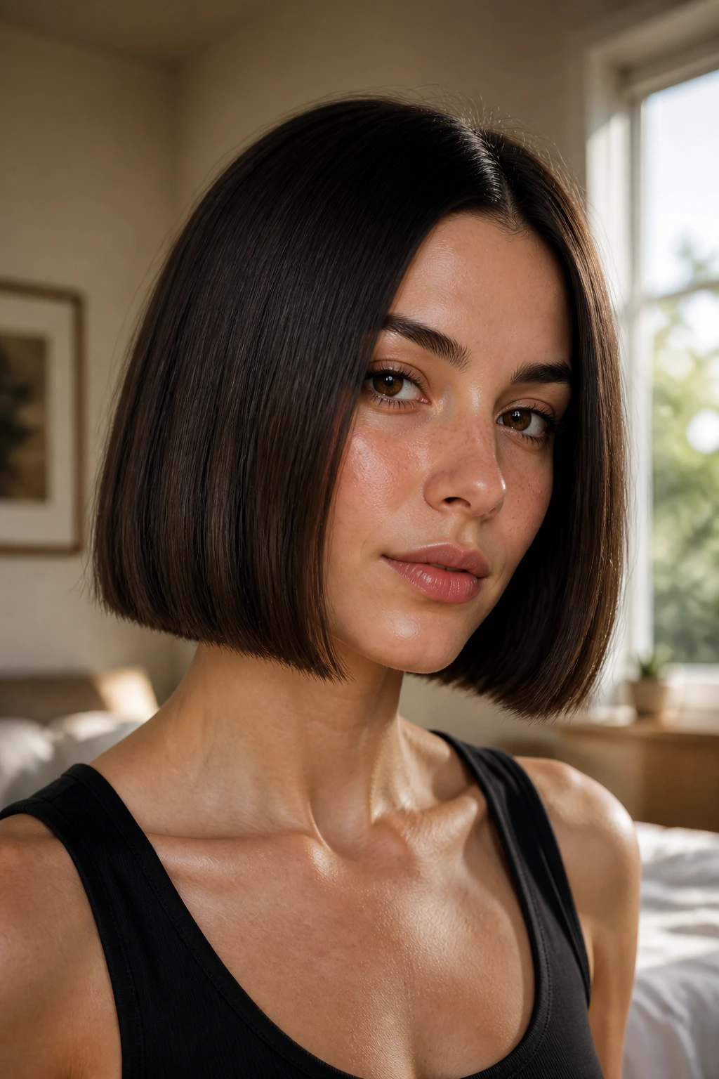 Close-up portrait of a woman with a sharp chin-length blunt bob in warm window light