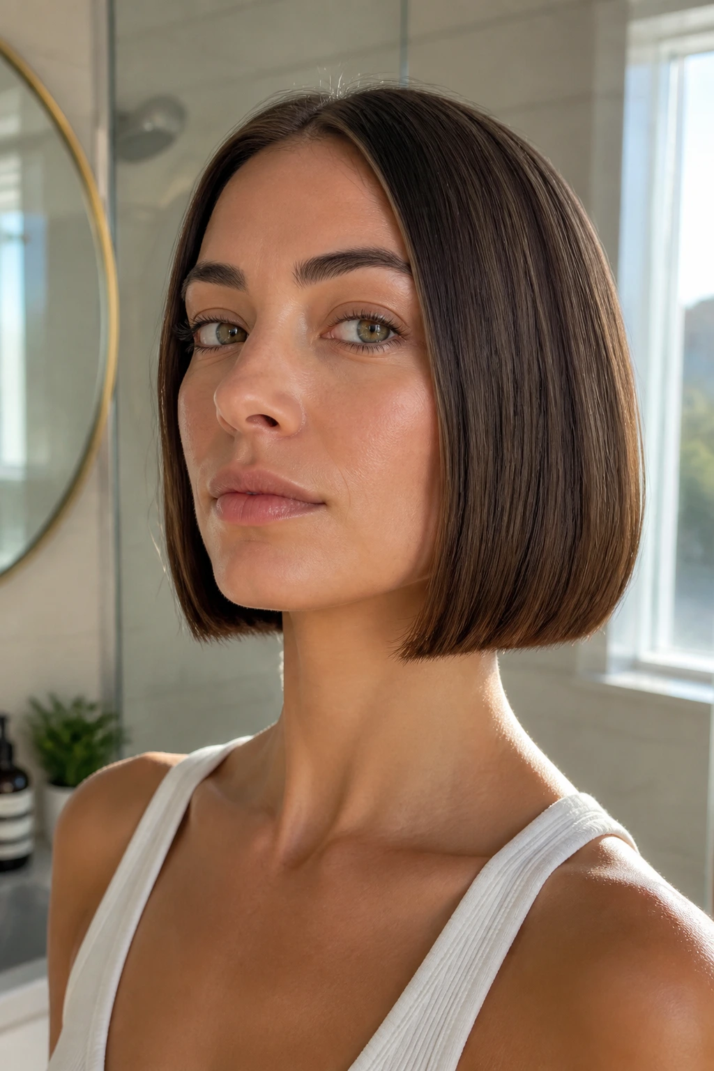 Close-up of a woman with a chin-length blunt bob in warm bathroom light