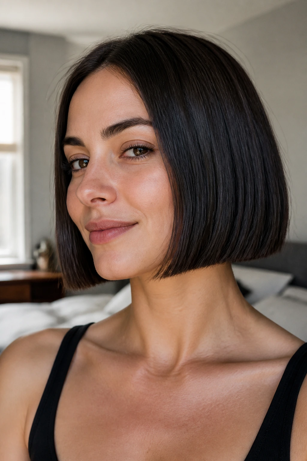 Close-up portrait of a woman with a blunt chin-length bob