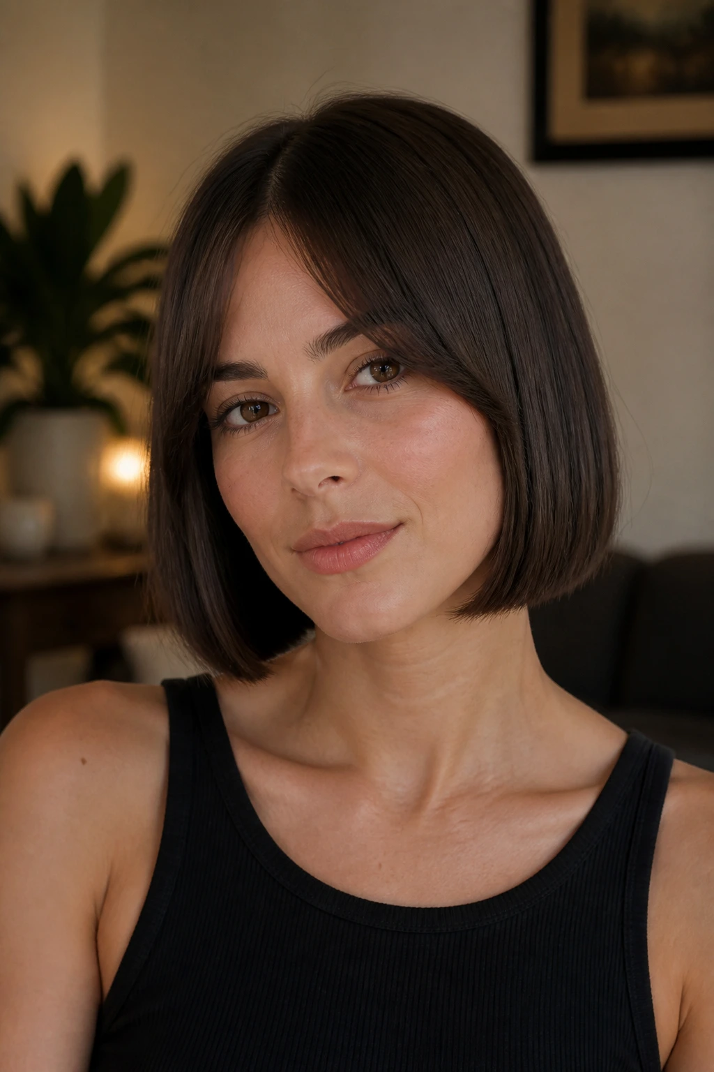 Close-up of a real woman with a chin-length blunt bob
