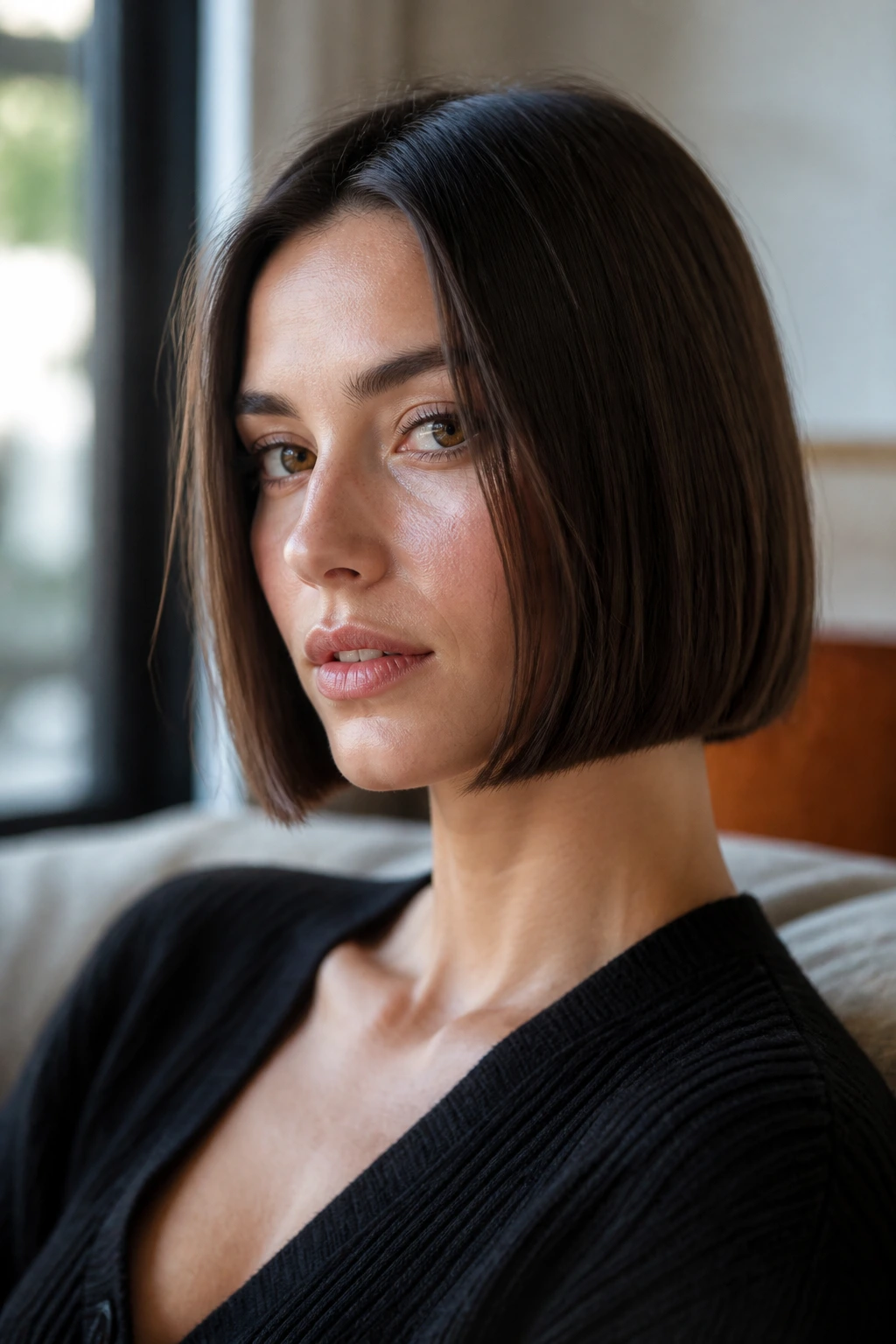 Close-up portrait of a real woman with a crisp chin-length blunt bob highlighting the jawline