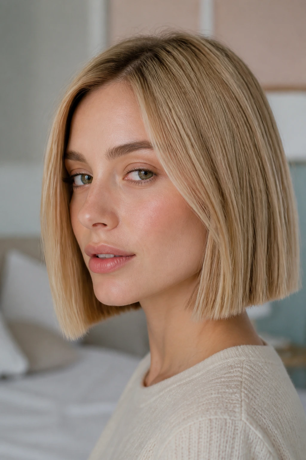 Close-up of a woman with a chin-length blunt bob under natural window light