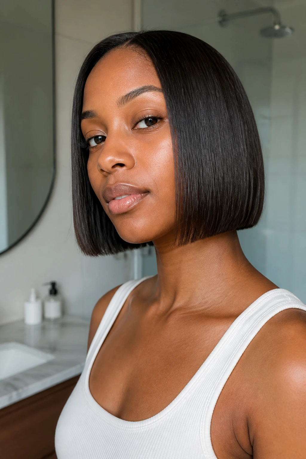 Real person with a blunt chin-length bob hairstyle