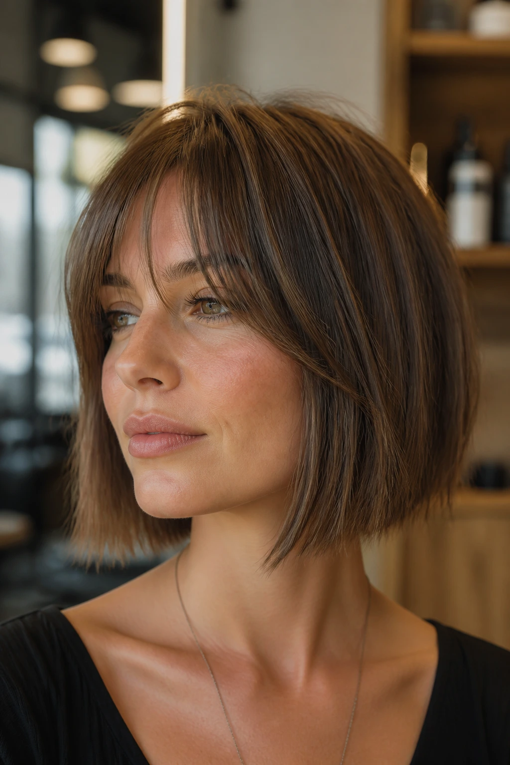 Real woman with blunt bob and choppy curtain bangs in chic salon