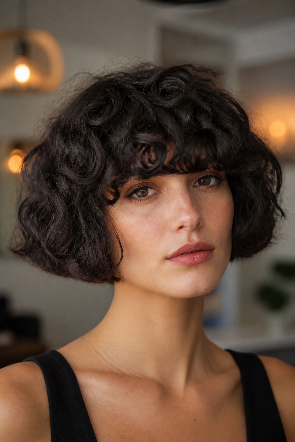 Close-up of a real woman with a blunt chin-length bob and heavy curled fringe in a modern interior