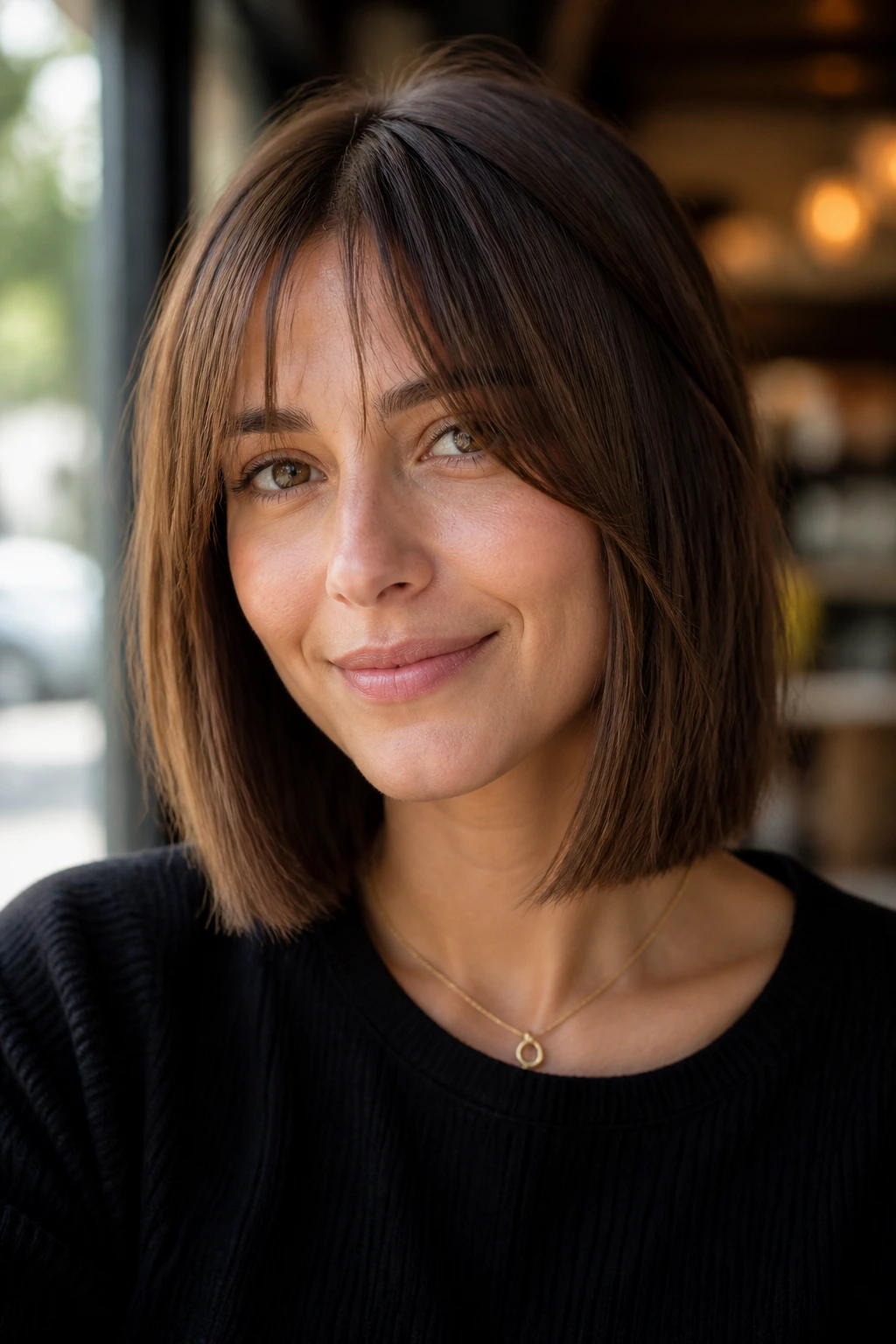 Close-up of a real woman with a soft blunt medium bob and wispy curtain bangs.