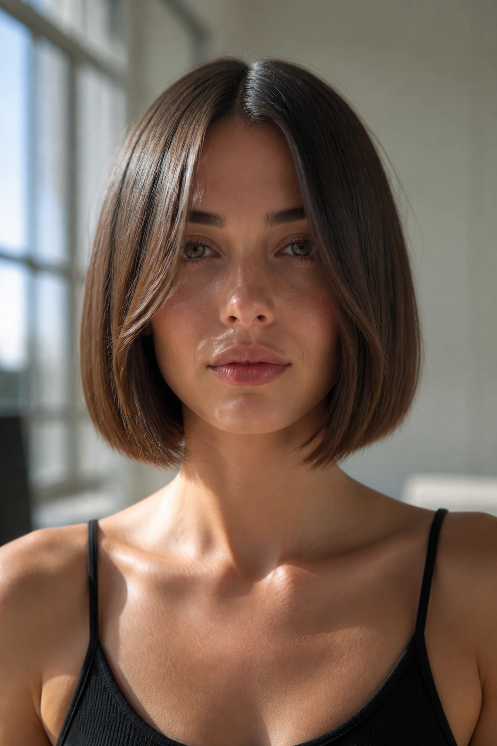 Close-up portrait of a woman with a blunt bob and long curtain bangs with a middle part in natural light