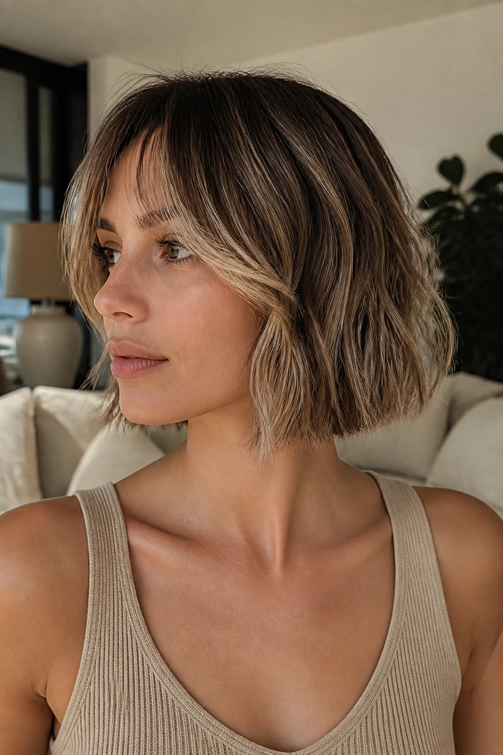 Portrait of a woman with blunt bob and curtain bangs in soft ambient light