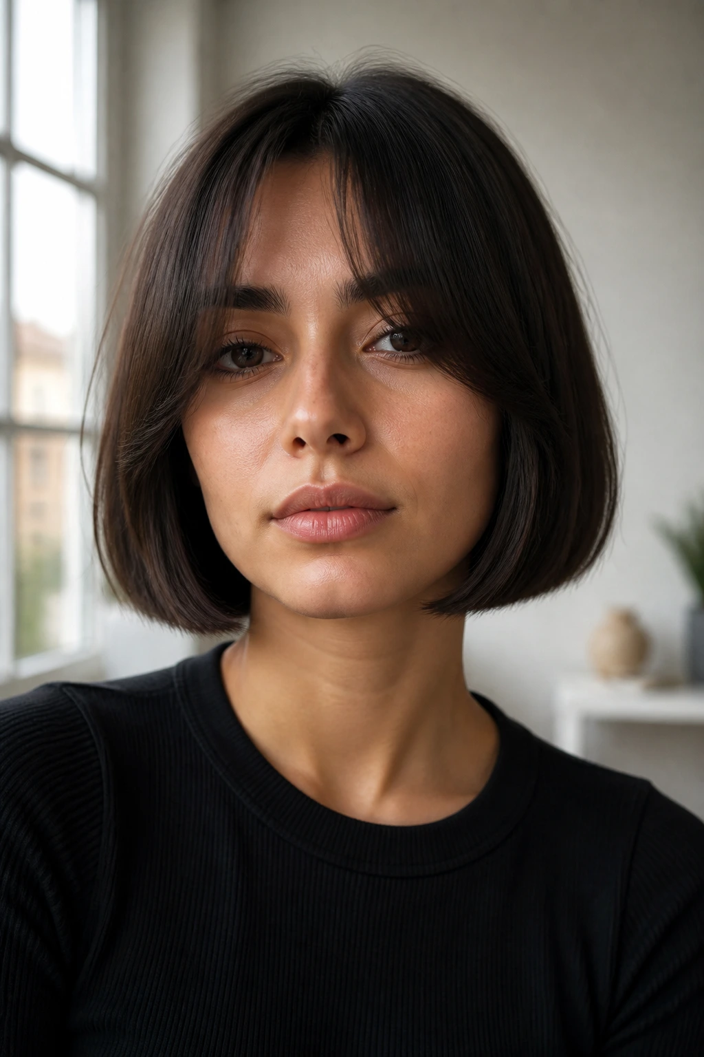 Close-up of a real person with blunt bob and curtain bangs in bright natural light