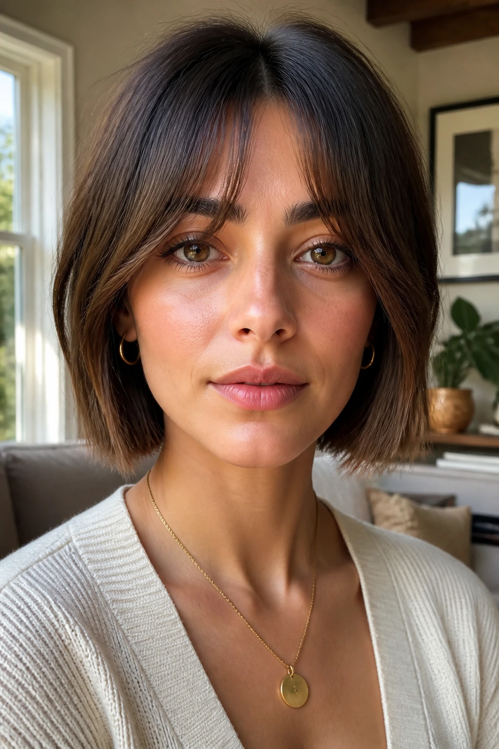 Portrait of woman with blunt bob and curtain bangs in a cozy room.