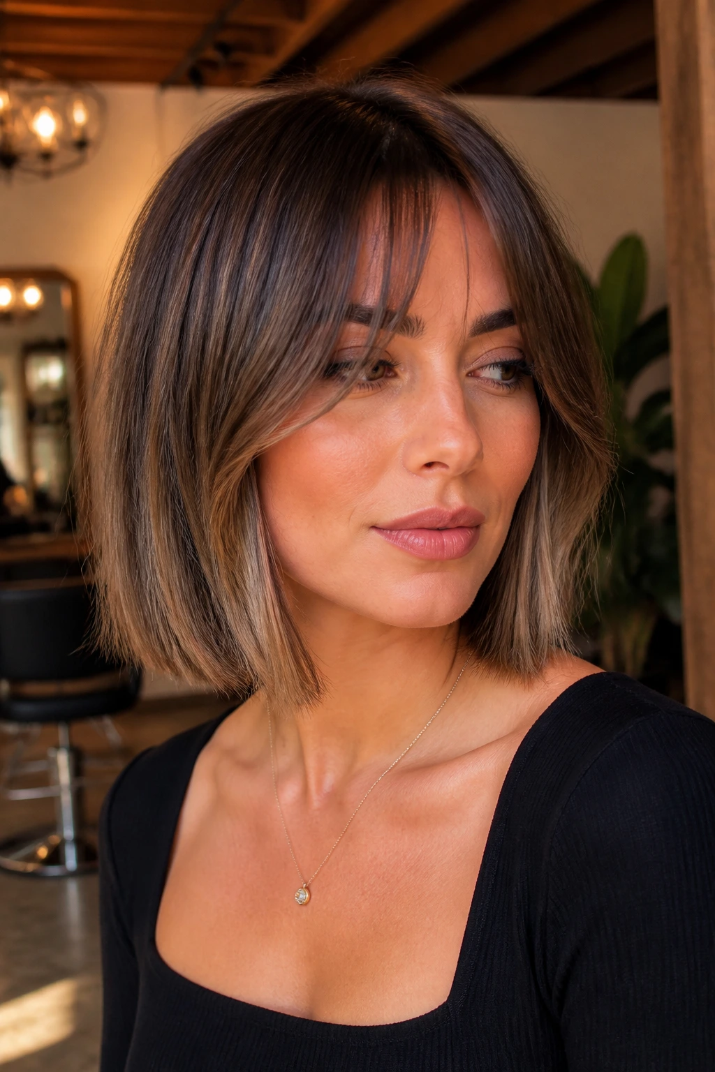 Portrait of a real woman with blunt bob and curtain bangs with highlights in salon lighting