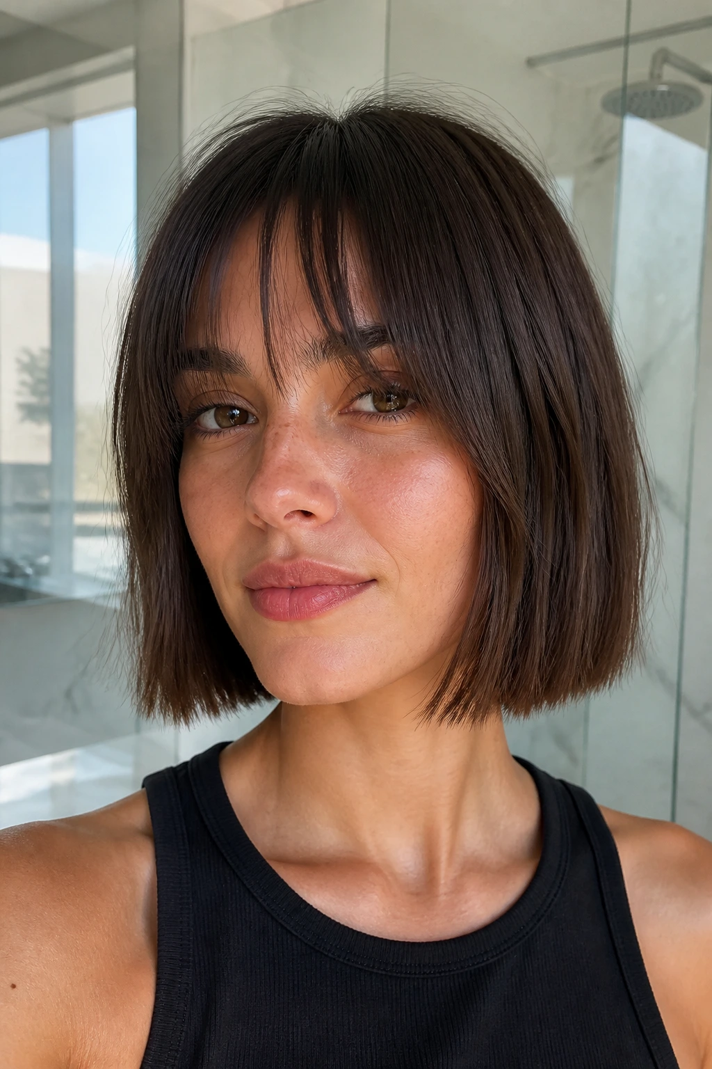 Portrait of a person with a chin-length blunt textured bob and eyebrow-grazing curtain bangs