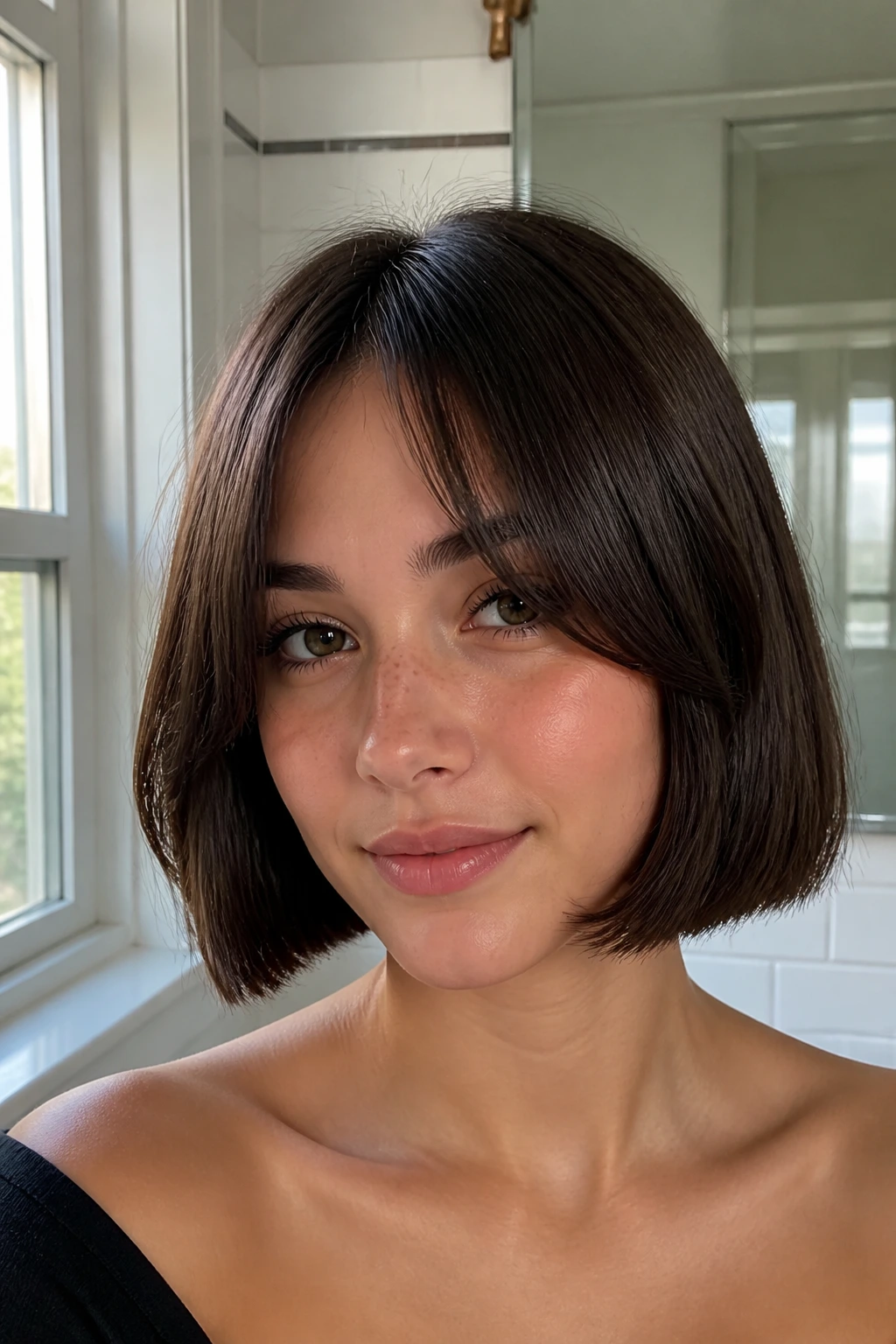 Close-up of a real woman with a minimalist blunt bob and curtain bangs in natural light
