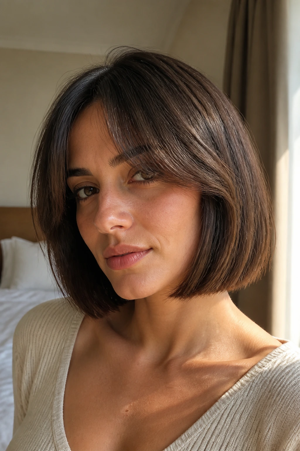 Close-up portrait of a real woman with blunt bob and curtain bangs in warm window light.
