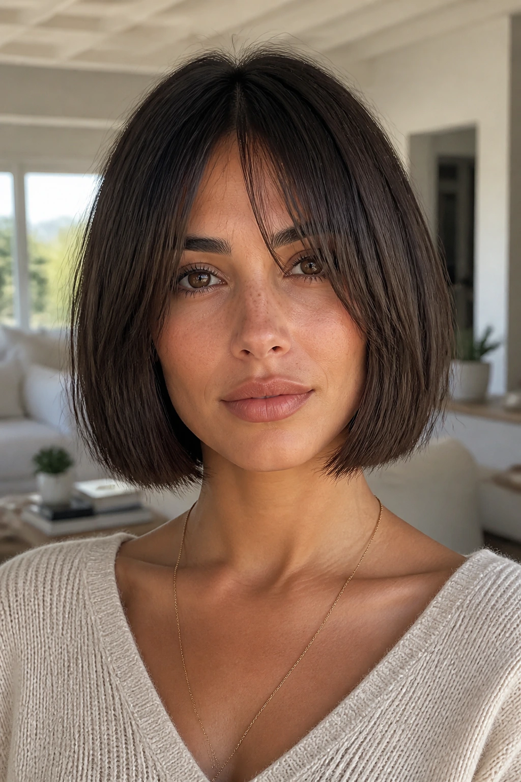 Real woman with blunt bob and curtain fringe in soft daylight