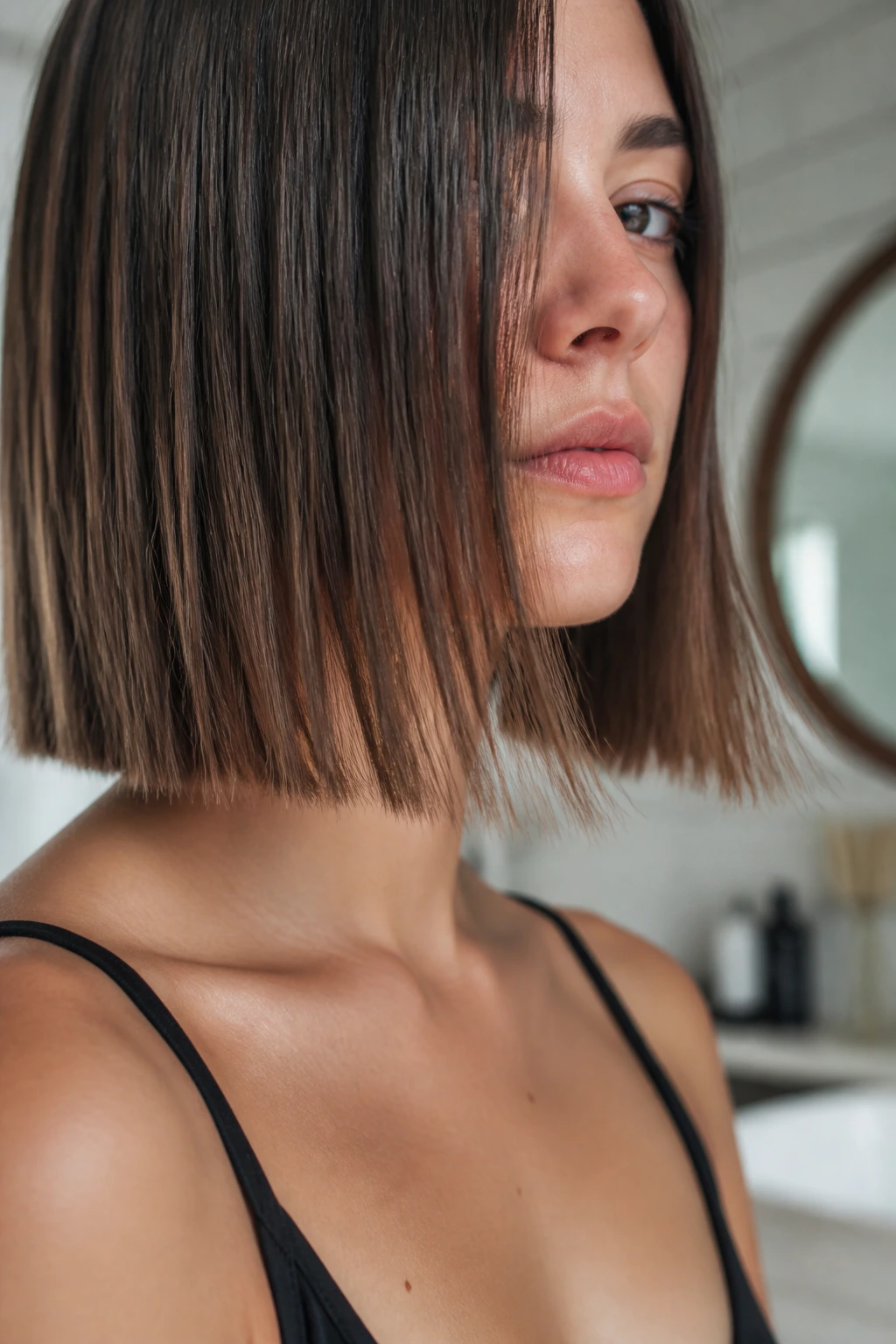 Close-up of a blunt bob showing damaged ends in natural light