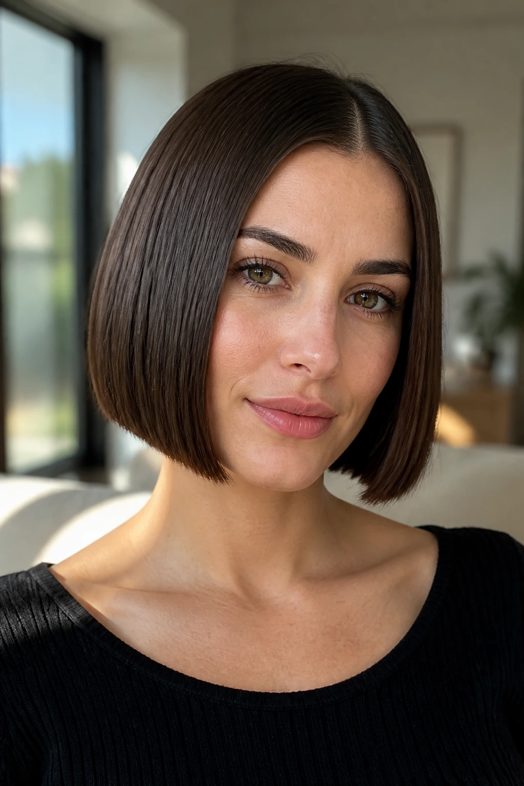 Close-up portrait of a real woman with a precise blunt bob and dense, straight ends.