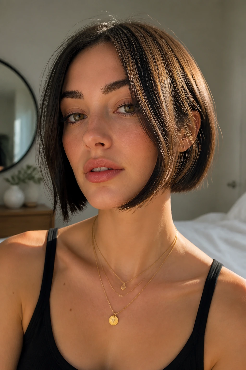 Real woman with blunt bob and long face-framing pieces in morning light