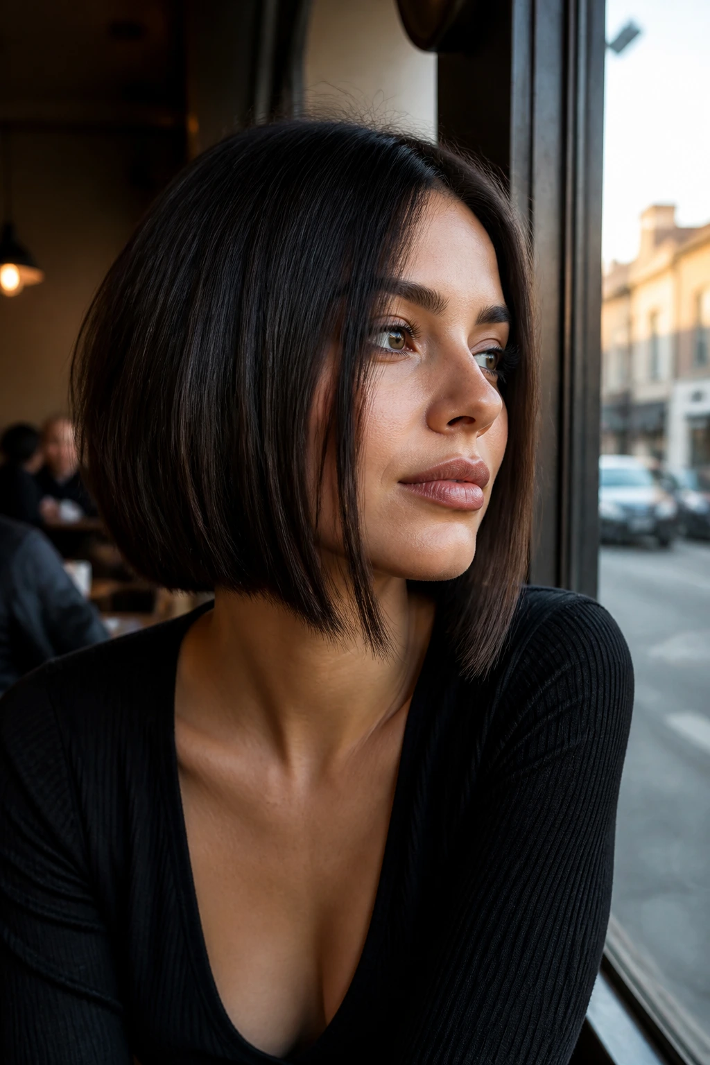 Close-up of blunt bob with long face-framing pieces on a real woman