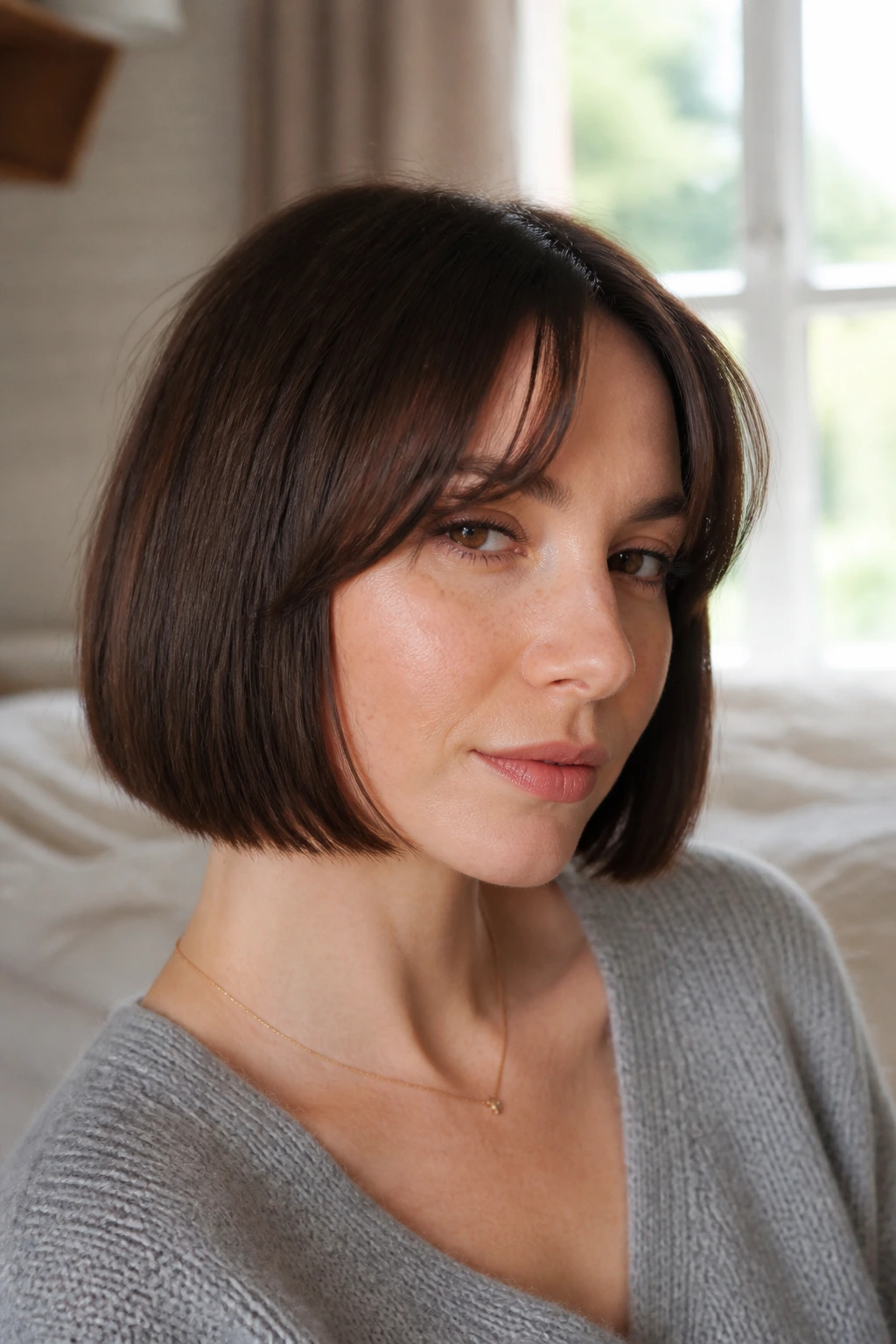 Close-up portrait of a real woman with a blunt chin-length bob and soft fringe in warm window light