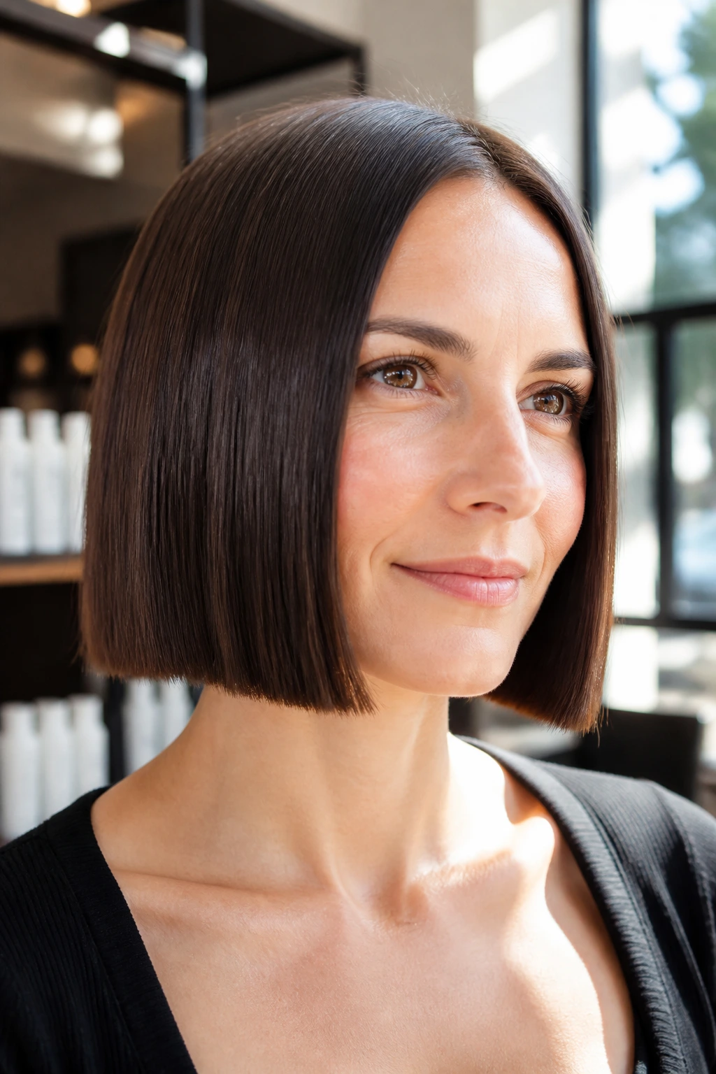 Close-up of a real woman with a blunt one-length bob and dense bottom hem.