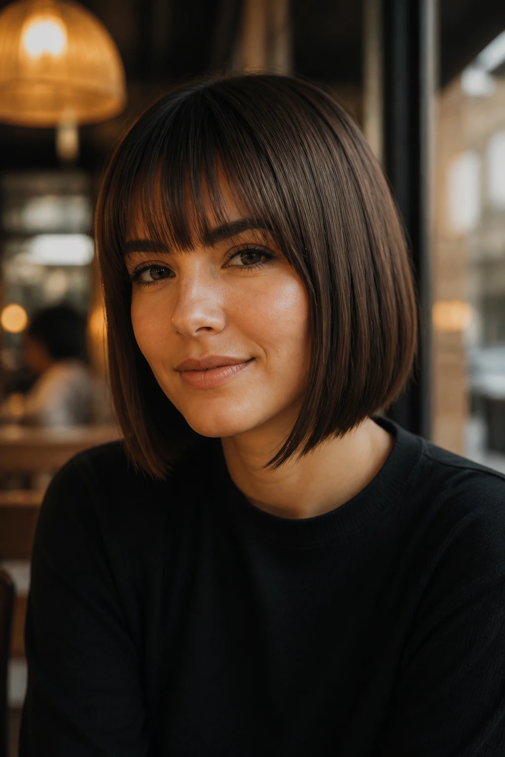 Close-up portrait of a real woman with blunt bob and blended fringe