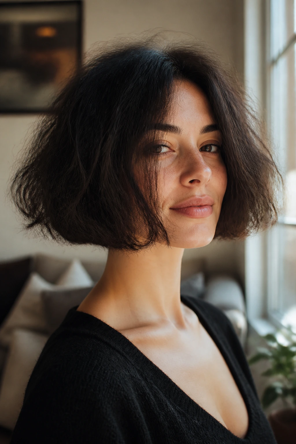 Close-up of real person with blunt chin-length bob showing frizz and triangular silhouette