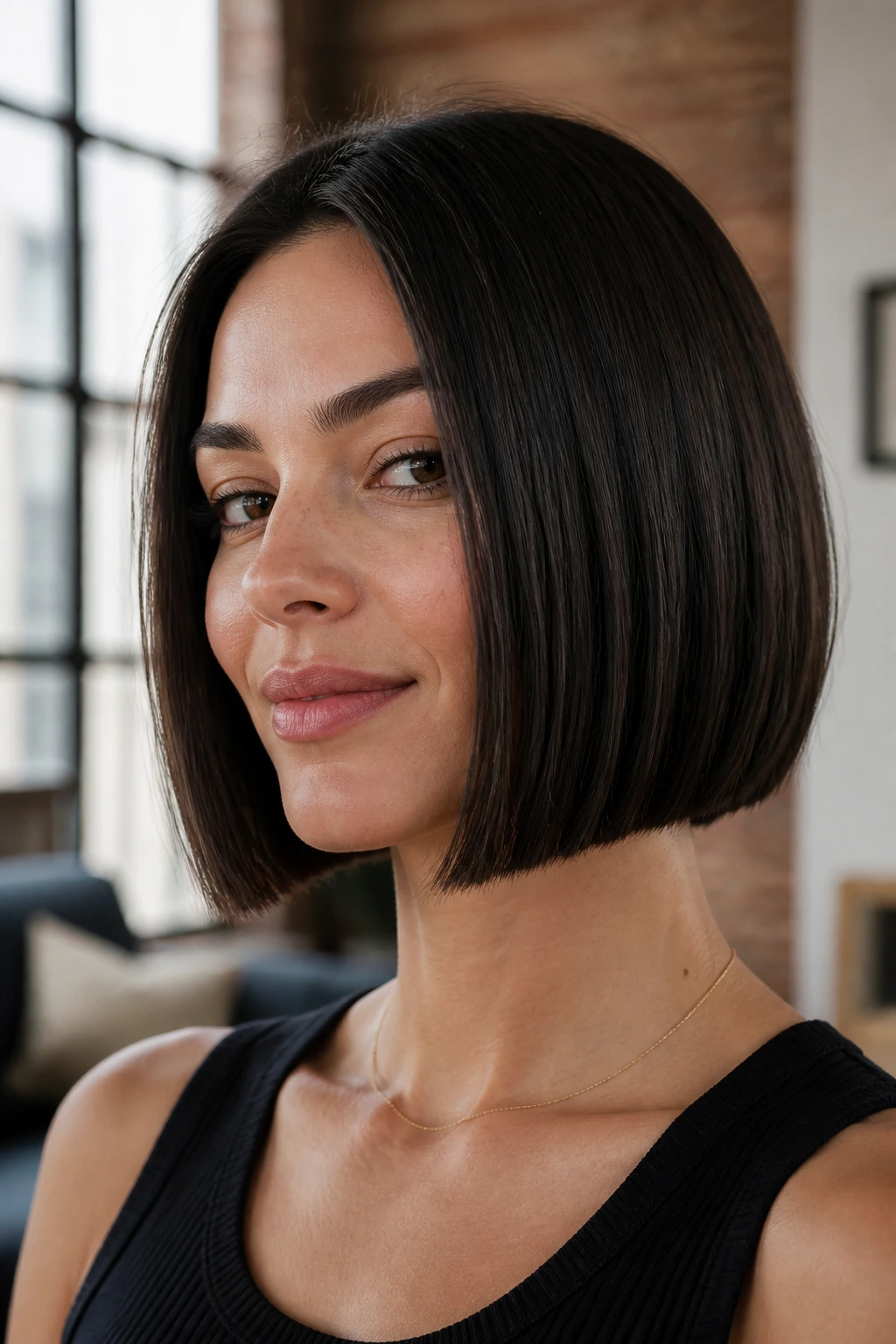 Close-up of a woman with a sleek blunt bob and invisible underneath layers.