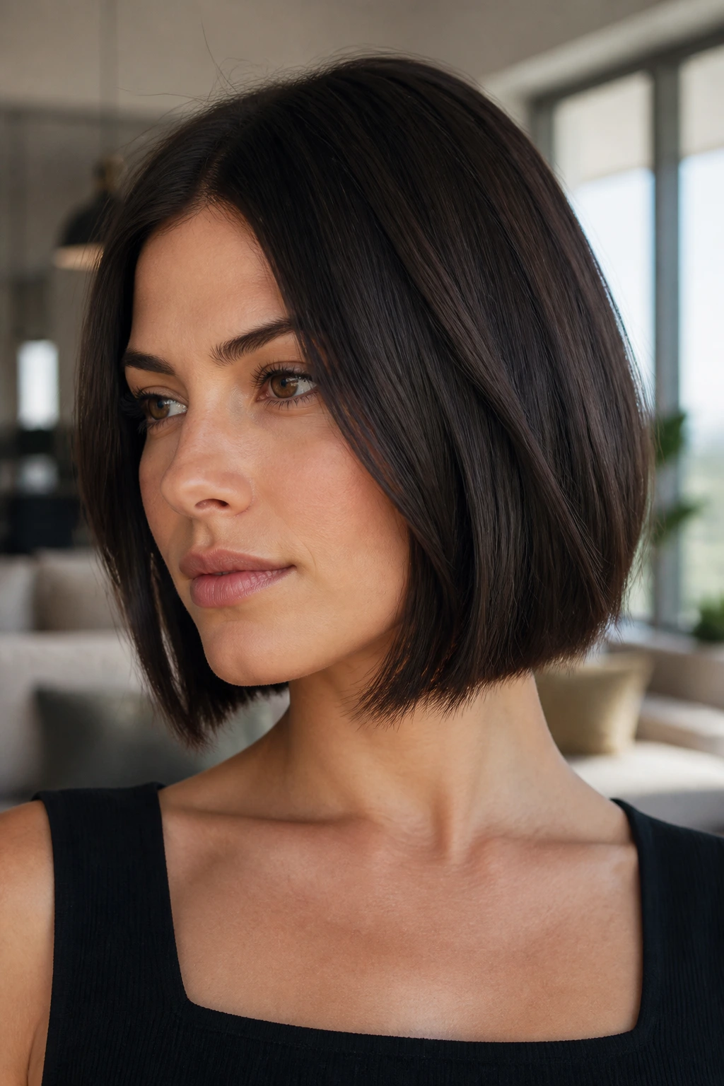 Close-up portrait of real woman with a blunt bob featuring hidden layers for movement.