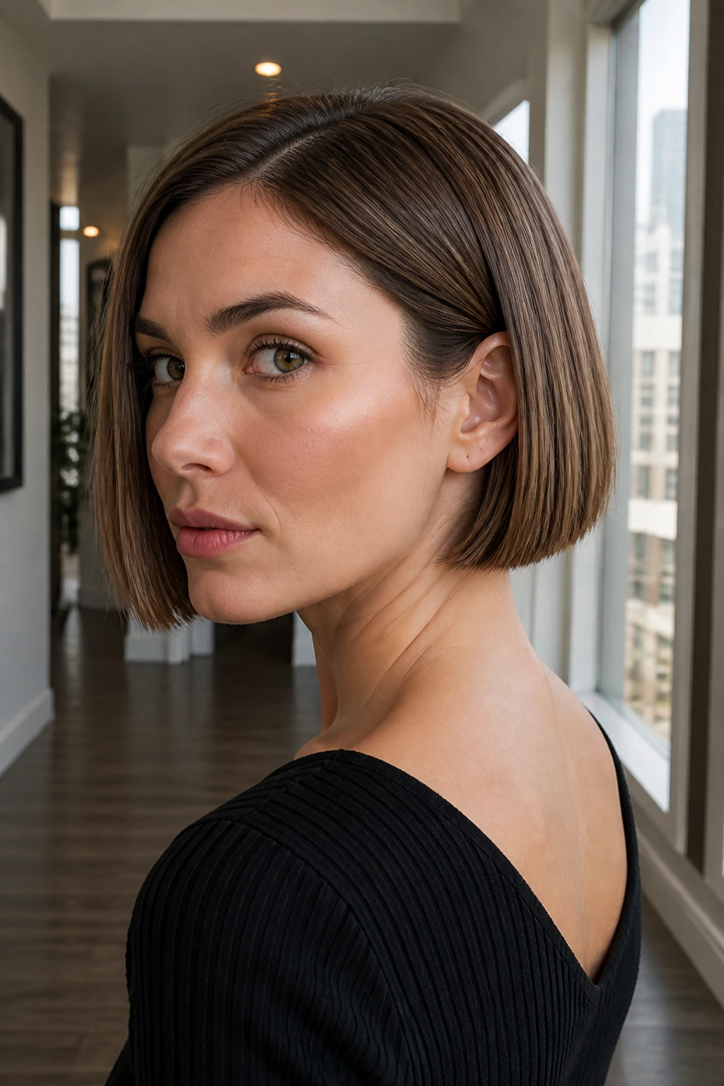 Close-up of a real woman with a blunt bob concealing an undercut at the nape