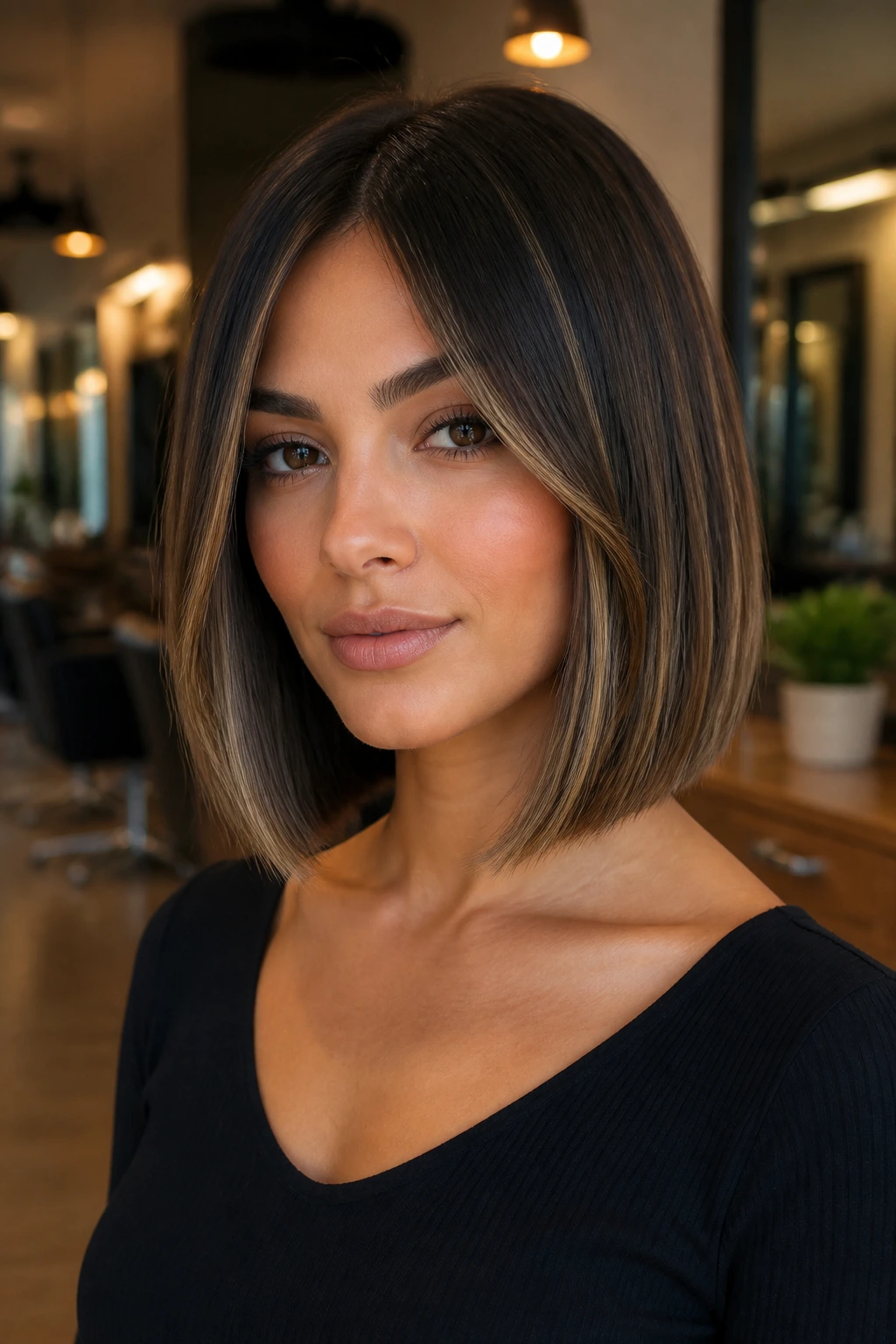 Close-up of blunt bob with subtle highlights around face on a real woman